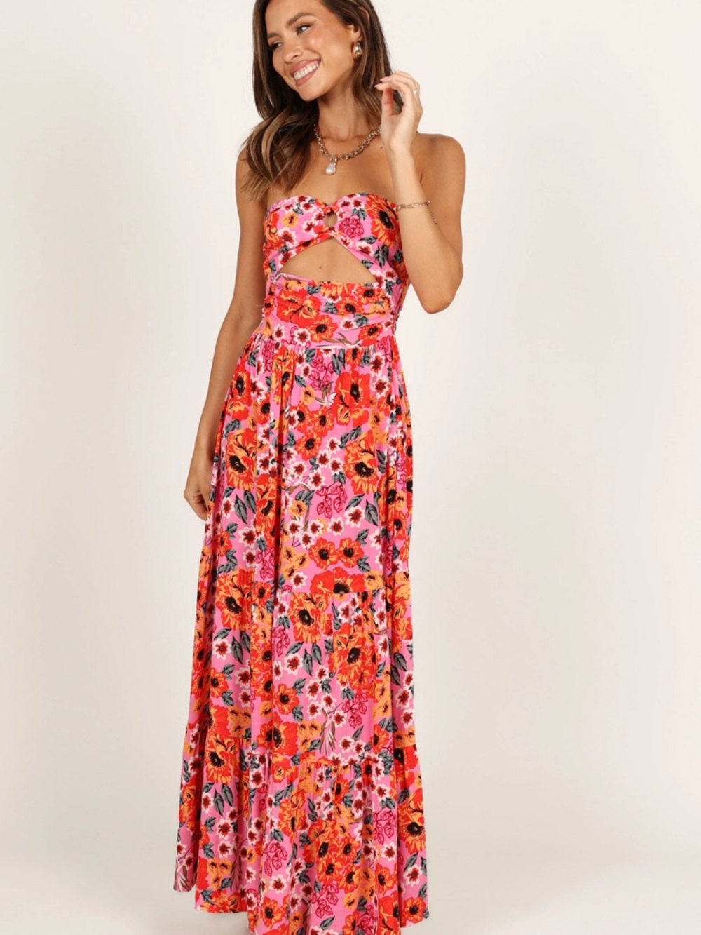 Petal & Pup Pink and Orange Floral Strapless Cutout Maxi Dress